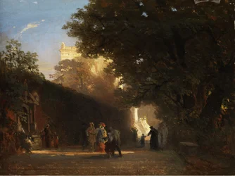 Italienische Villa und Park mit vornehmer Gesellschaft und Priestern